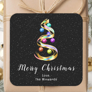 Rainbow and Black Ornaments Merry Christmas Square Sticker