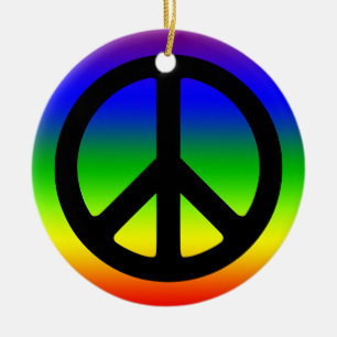 Rainbow and Black Peace Symbol Ceramic Tree Decoration