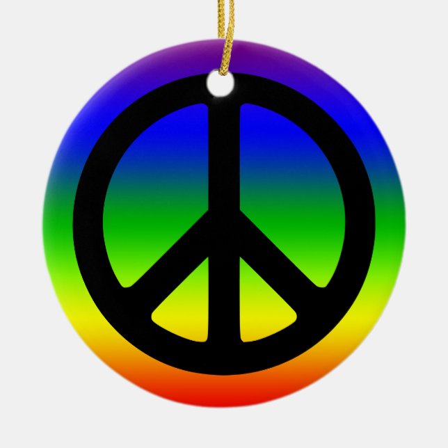 Rainbow and Black Peace Symbol Ceramic Tree Decoration (Front)