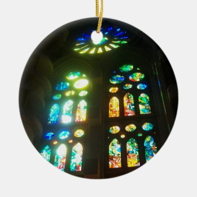 Rainbow and Blue Stained Glass Ceramic Tree Decoration (Front)