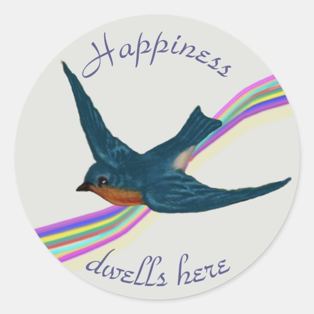Rainbow and Bluebird of Happiness Classic Round Sticker (Front)