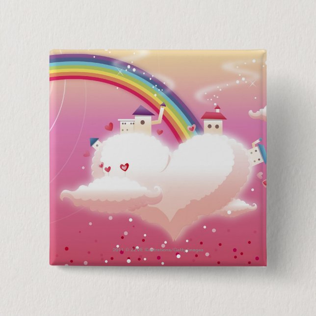 Rainbow and buildings on clouds 15 cm square badge (Front)