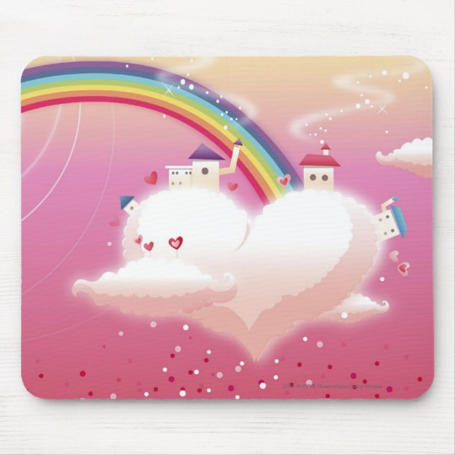 Rainbow and buildings on clouds mouse mat (Front)