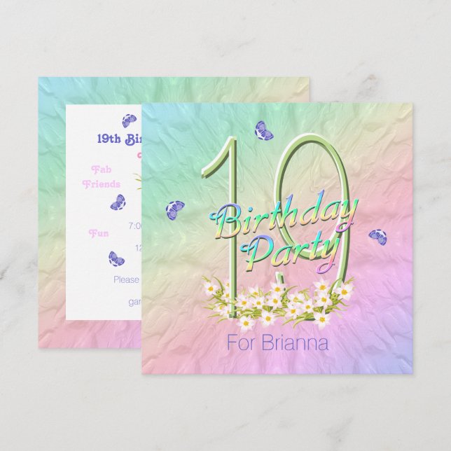 Rainbow and Butterflies 19th Birthday Party Invite (Front/Back)