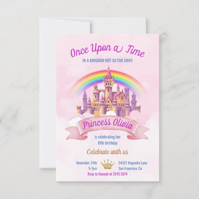 Rainbow and Castle Fairytale Birthday Invitation (Front)