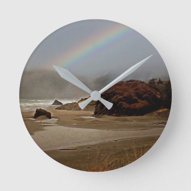 Rainbow and Clouds at Myers Beach in Oregon Round Clock (Front)