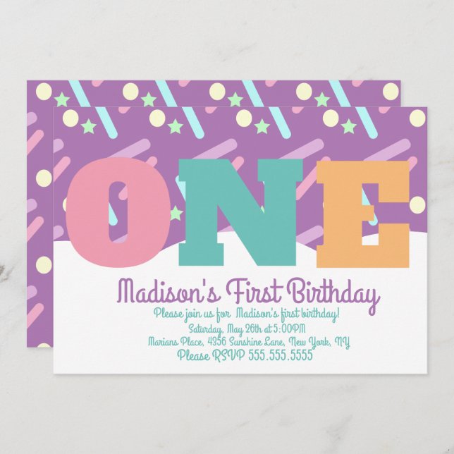 Rainbow and Clouds Pastel Sprinkles Turning One Invitation (Front/Back)