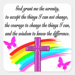 RAINBOW AND CROSS SERENITY PRAYER DESIGN SQUARE STICKER