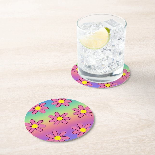Rainbow and Flowers Round Paper Coaster (Insitu)