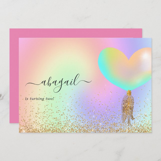 Rainbow and Gold and Pink Birthday Party Invitation (Front/Back)