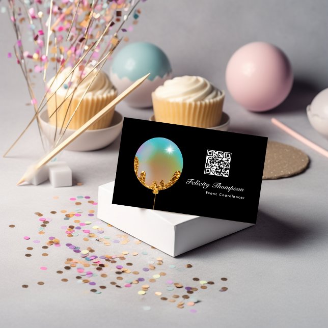 Rainbow and Gold Balloons Event Industry QR Code Business Card (Creator Uploaded)