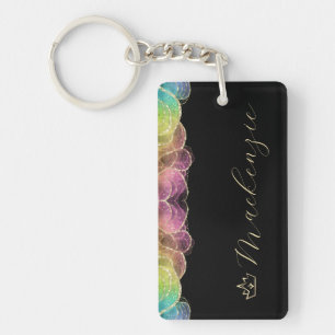 Rainbow and Gold Elegant Script Personalised Key Ring