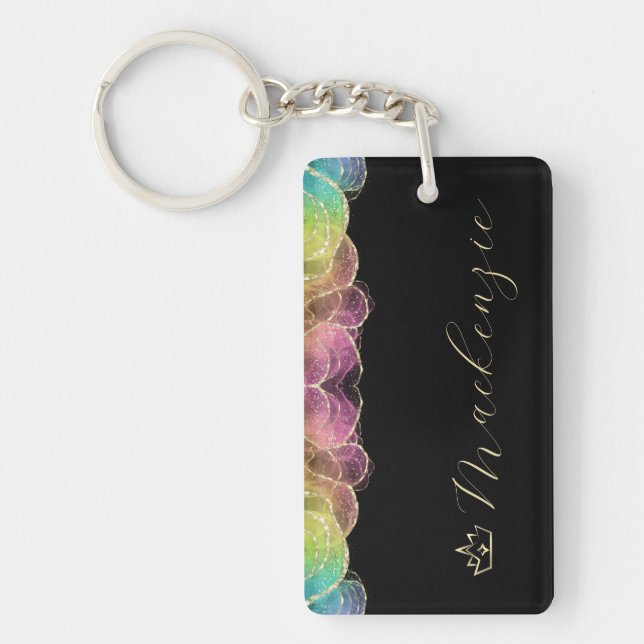Rainbow and Gold Elegant Script Personalised Key Ring (Front)