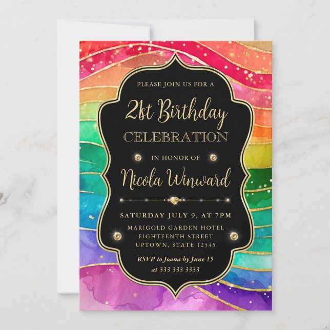 Rainbow and Gold Glitter Alcohol Ink 21st Birthday Invitation (Front)