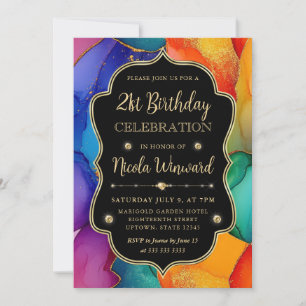 Rainbow and Gold Glitter Alcohol Ink 21st Birthday Invitation
