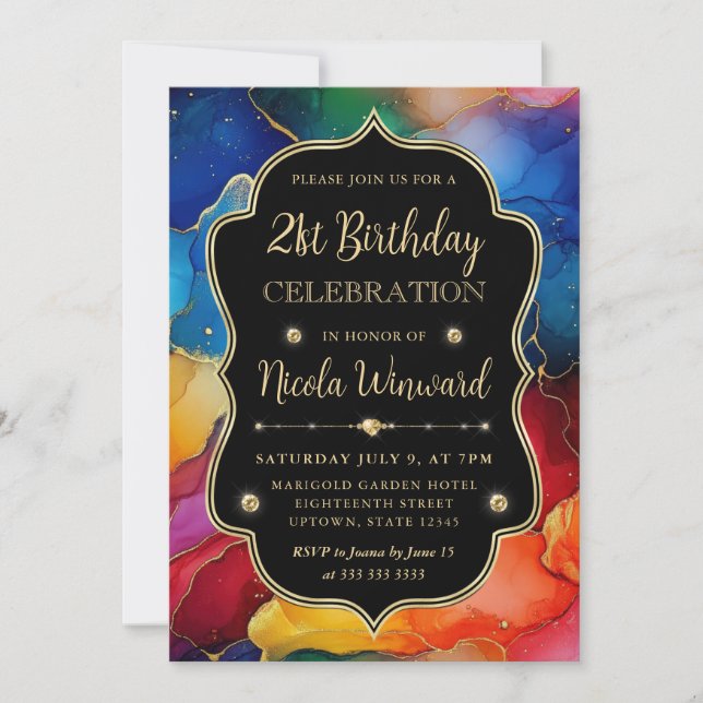 Rainbow and Gold Glitter Alcohol Ink 21st Birthday Invitation (Front)