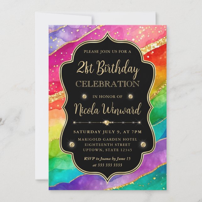 Rainbow and Gold Glitter Alcohol Ink 21st Birthday Invitation (Front)