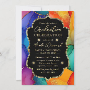 Rainbow and Gold Glitter Alcohol Ink Graduation Invitation