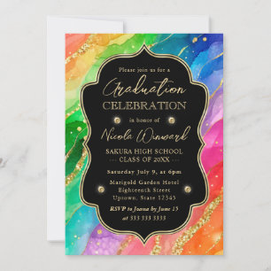 Rainbow and Gold Glitter Alcohol Ink Graduation Invitation