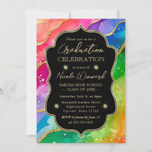 Rainbow and Gold Glitter Alcohol Ink Graduation Invitation