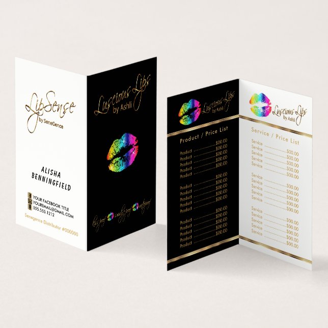 Rainbow and Gold Lip Price and Service List Business Card (Inside and Outside)