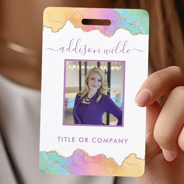 Rainbow And Gold Watercolor Agate Business ID Badge (Creator Uploaded)