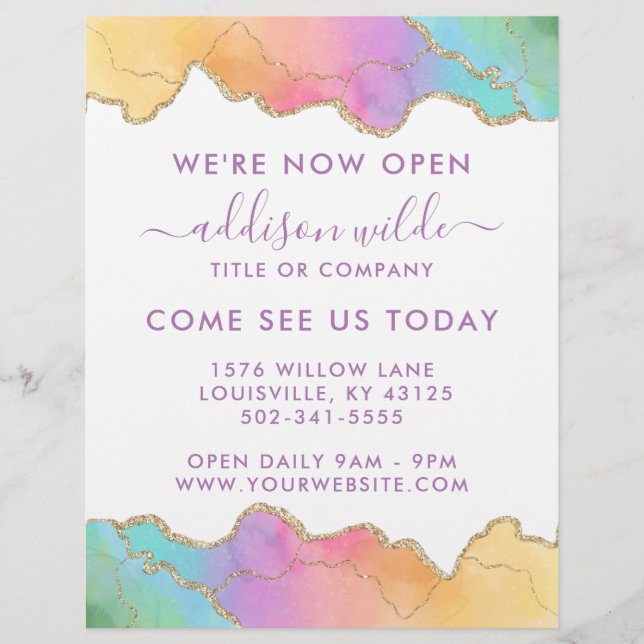 Rainbow And Gold Watercolor Agate Business Opening Flyer (Front)