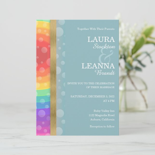 Rainbow and Gold Wedding Invitation (Standing Front)