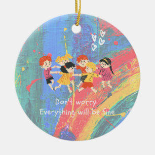 Rainbow and Happy Children Ceramic Ornament