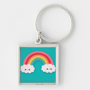 Rainbow and Happy Cluds on Teal Key Ring