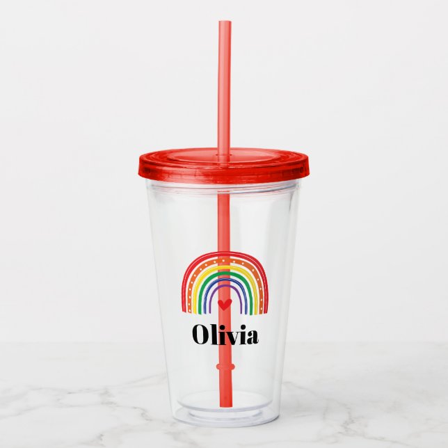 Rainbow and heart personalised  acrylic tumbler (Front)