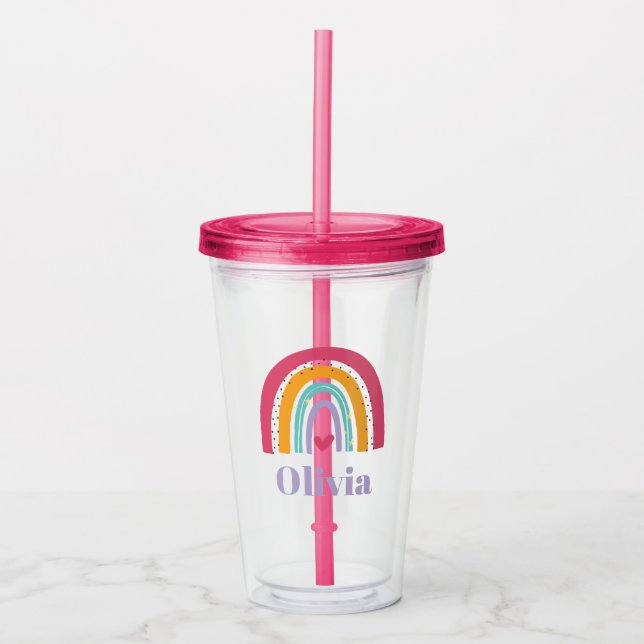 Rainbow and heart personalised  acrylic tumbler (Front)