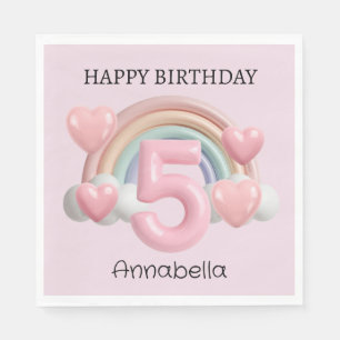 Rainbow and Hearts 3D 5th Pink Birthday Party Napkin