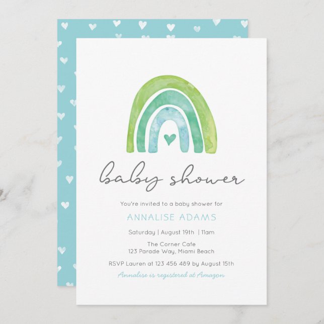 Rainbow and hearts Blue Baby Shower invitation (Front/Back)