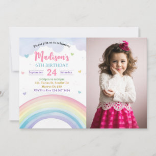 Rainbow and Hearts Photo Birthday Invitation