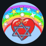 Rainbow and Jewish Stars Classic Round Sticker<br><div class="desc">Rainbow colours and Jewish stars surround our loving heart in beauty of religion.</div>