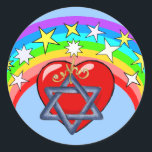 Rainbow and Jewish Stars Classic Round Sticker<br><div class="desc">Rainbow colours and Jewish stars surround our loving heart in beauty of religion.</div>