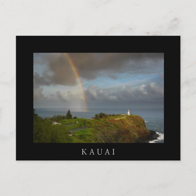 Rainbow and Kilauea Lighthouse black text postcard (Front)