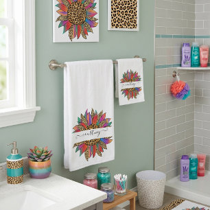 Rainbow and leopard print personalised bath towel set