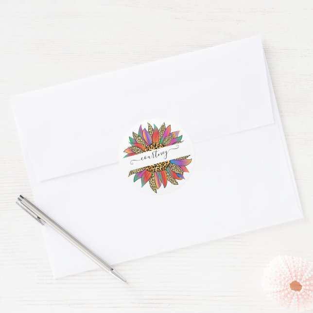 Rainbow and leopard print personalised   classic round sticker (Envelope)