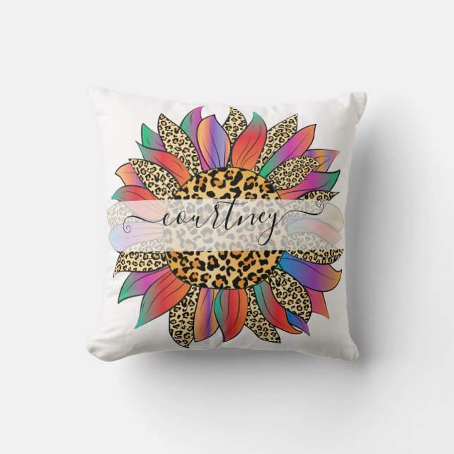 Rainbow and leopard print personalised  cushion (Front)