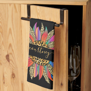 Rainbow and leopard print personalised kitchen to tea towel