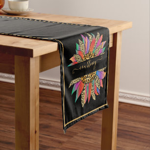 Rainbow and leopard print personalised short tab table runner