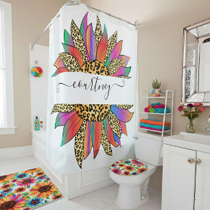 Rainbow and leopard print personalised shower curtain