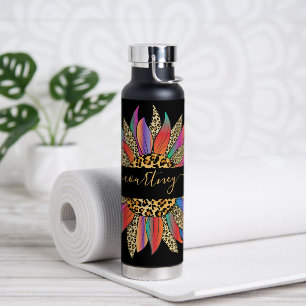 Rainbow and leopard print sunflower custom water bottle