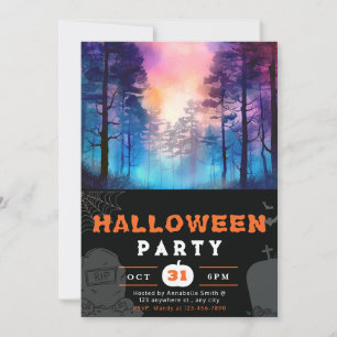 Rainbow and Moonlit Forest Black Halloween Invitation