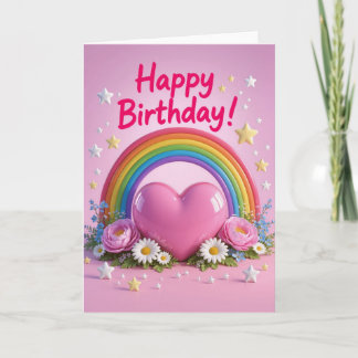 Rainbow and pink love heart birthday card