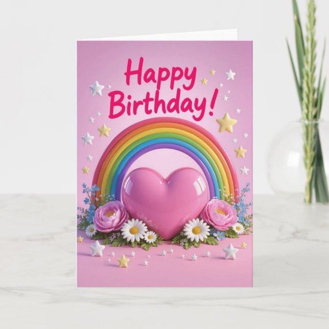 Rainbow and pink love heart birthday card (Front)