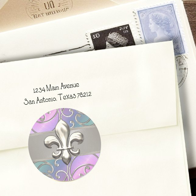 Rainbow and Silver Filigree Swirls Fleur de Lis Classic Round Sticker (Creator Uploaded)