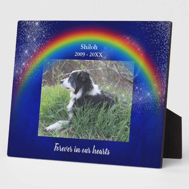 Rainbow and Stars Blue Pet Memorial Photo Template Plaque (Side)